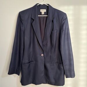 Womens Lands' End Silk Blazer Jacket Sz 12 Navy Lined Pockets Classic Minimalist